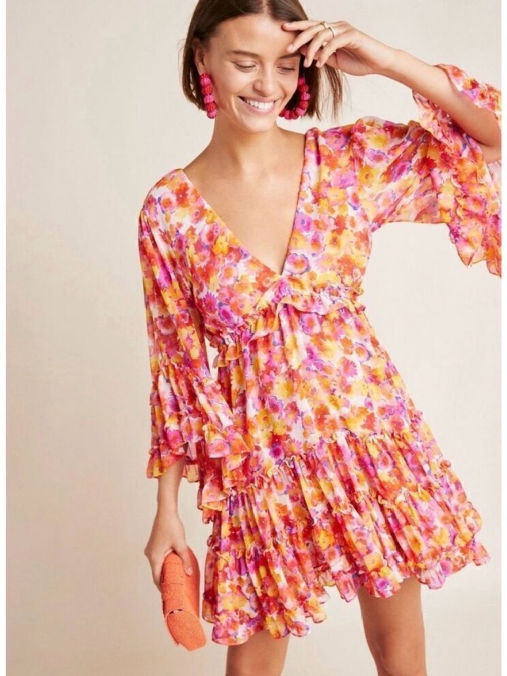 MISA LOS ANGELES Yasmine Coral Orange Pink Floral Dress Size M